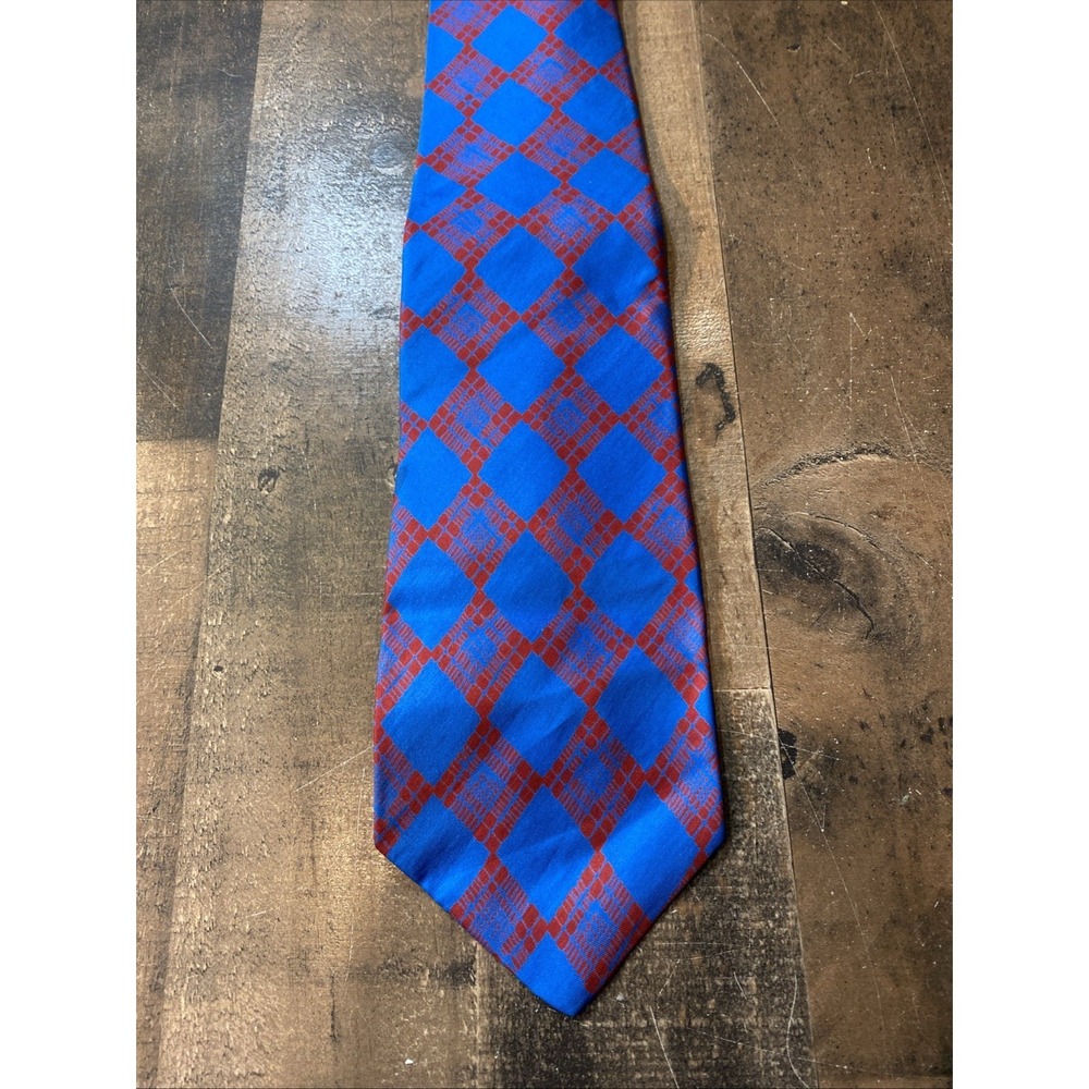 Vintage Anderson Silk Tie Blue Red‎ Mens Necktie 1970s geometric check pattern